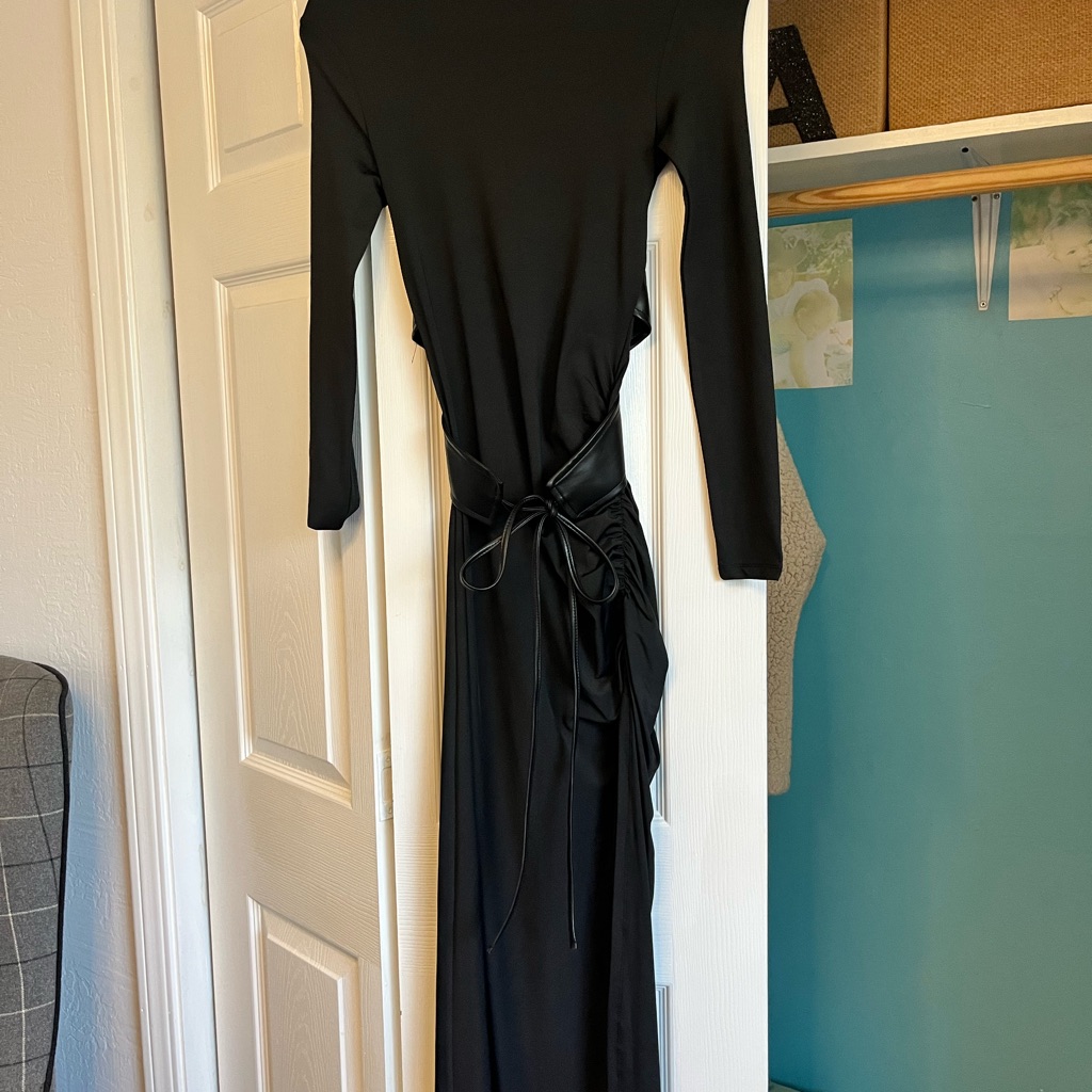 Commense Black Long Sleeve Dress With Tie Waist